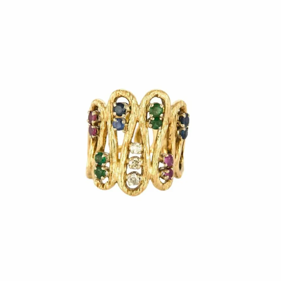 Bague vintage or jaune diamants rubis saphirs émeraudes