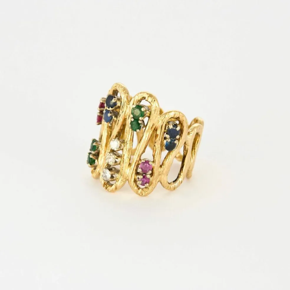 Bague vintage or jaune diamants rubis saphirs émeraudes