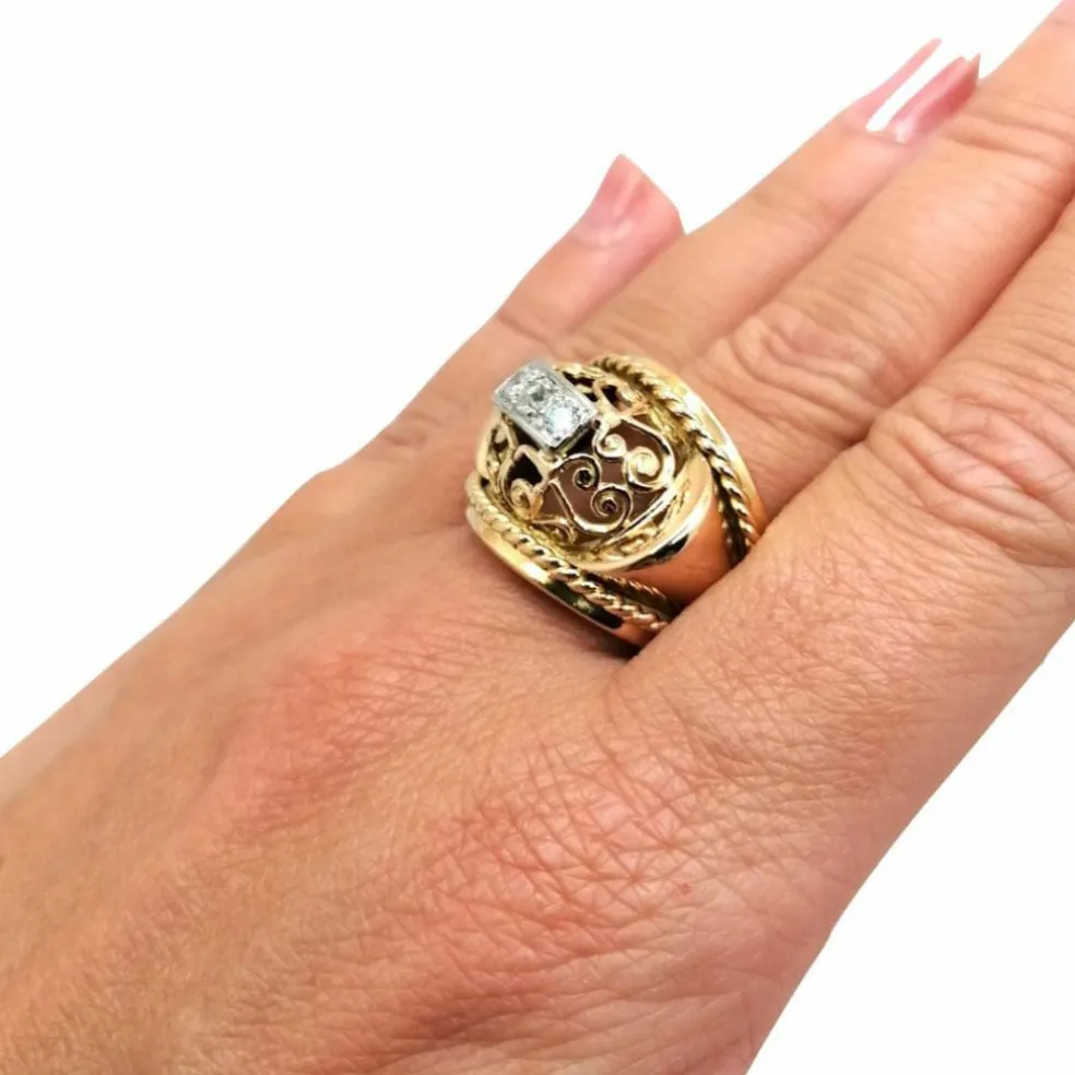 Bague vintage or jaune et diamants