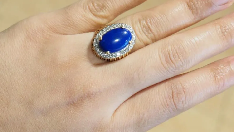 Bague vintage or jaune Lapis Lazuli et diamants