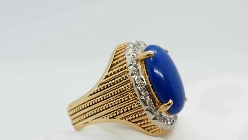 Bague vintage or jaune Lapis Lazuli et diamants