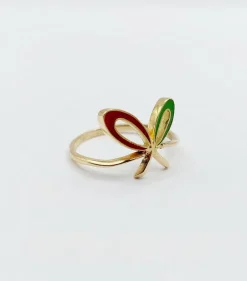 Bague vintage or jaune, émail rouge et vert