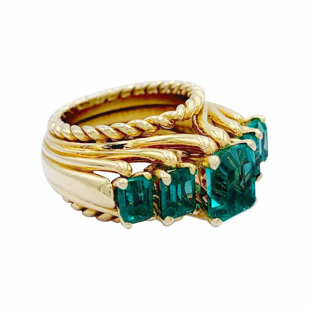 Bague vintage or jaune, émeraudes.