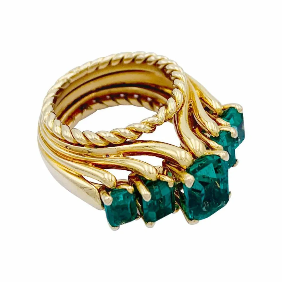 Bague vintage or jaune, émeraudes.