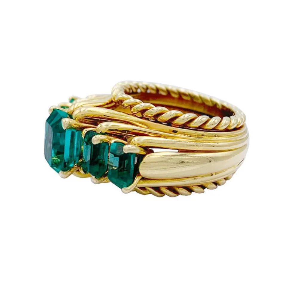 Bague vintage or jaune, émeraudes.