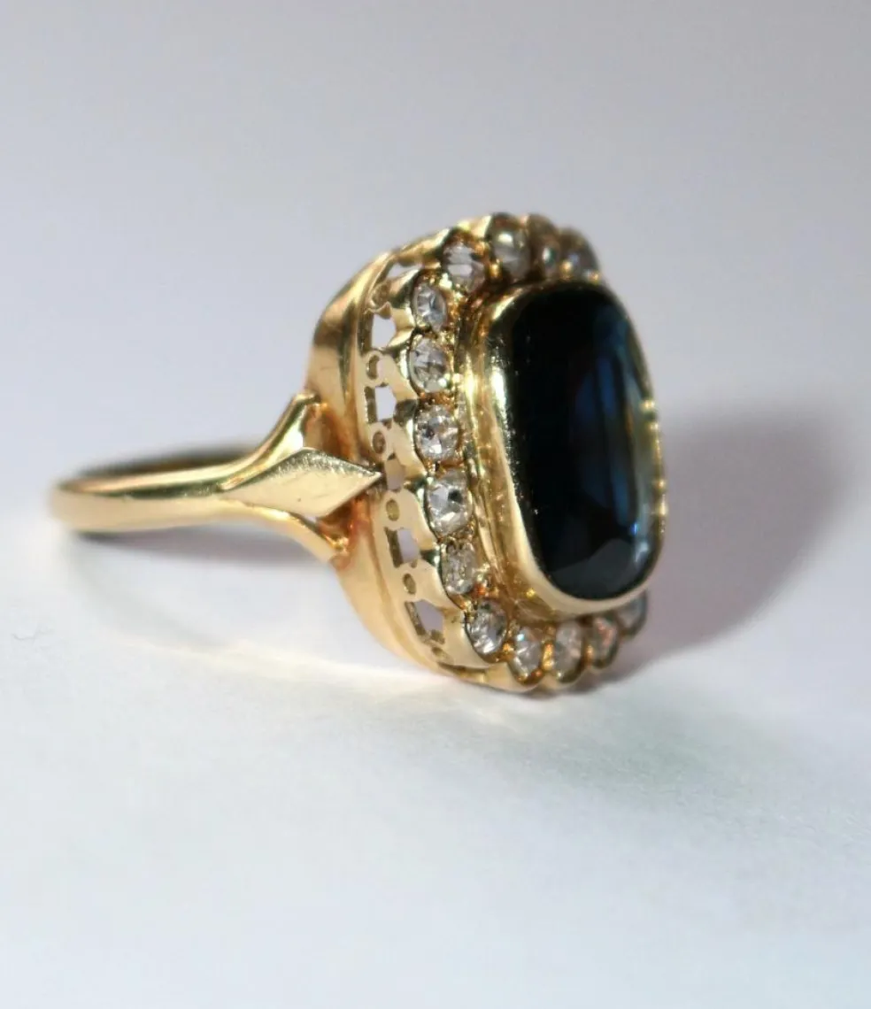 Bague Vintage Or Jaune Saphir Bleu Intense