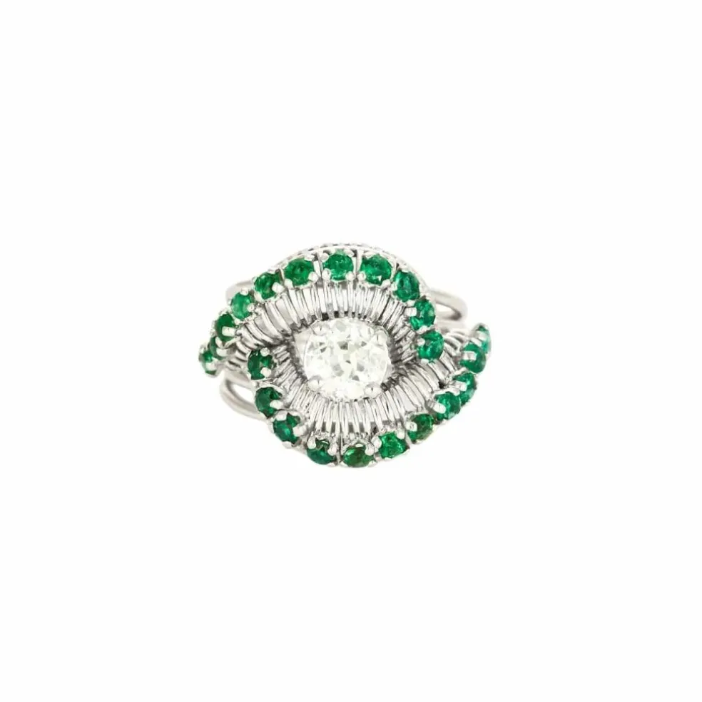 Bague Vintage or, platine, émeraudes et diamants