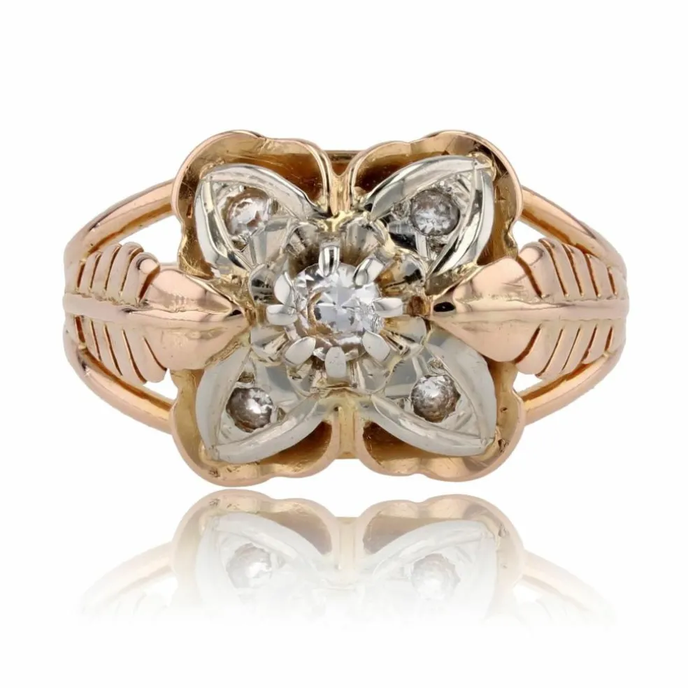 Bague vintage plumes et trèfle or rose