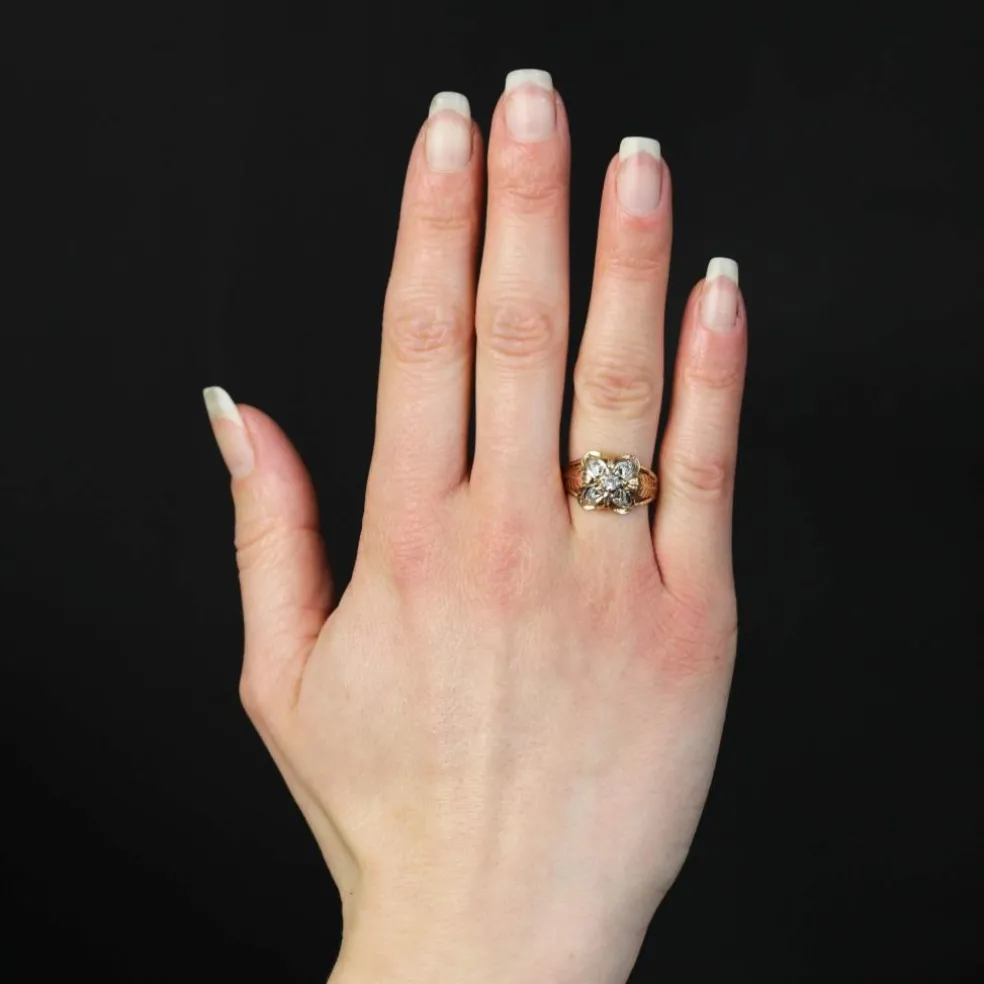 Bague vintage plumes et trèfle or rose