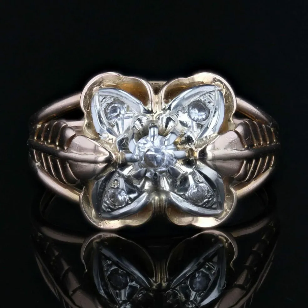 Bague vintage plumes et trèfle or rose