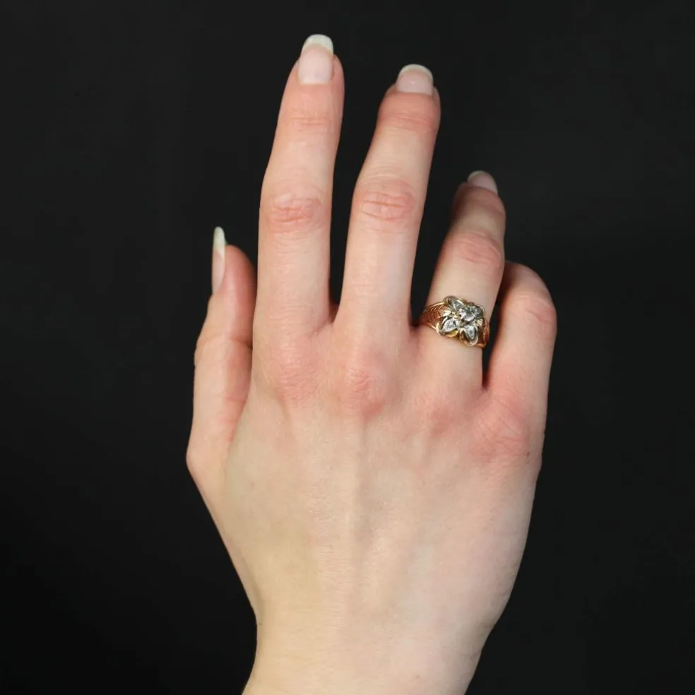 Bague vintage plumes et trèfle or rose