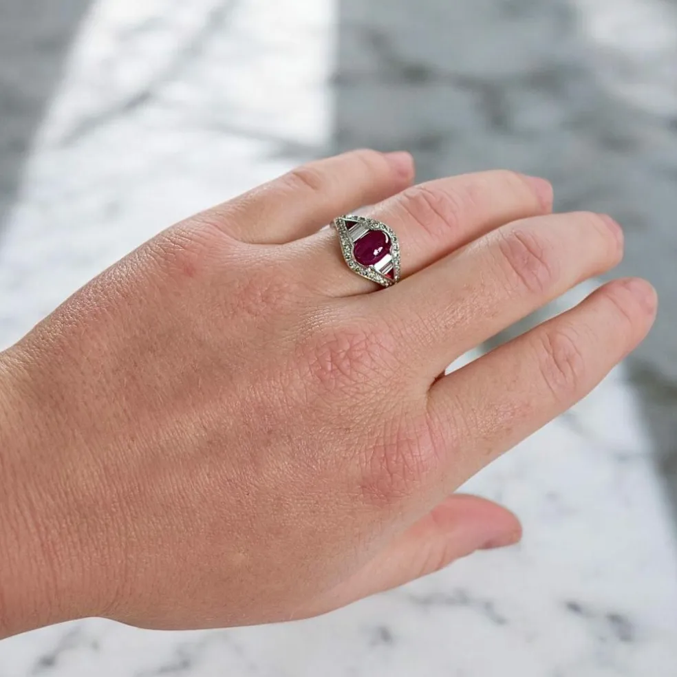 Bague Vintage Rubis et Diamants, Style Art Déco