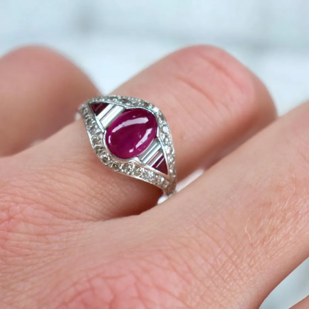 Bague Vintage Rubis et Diamants, Style Art Déco