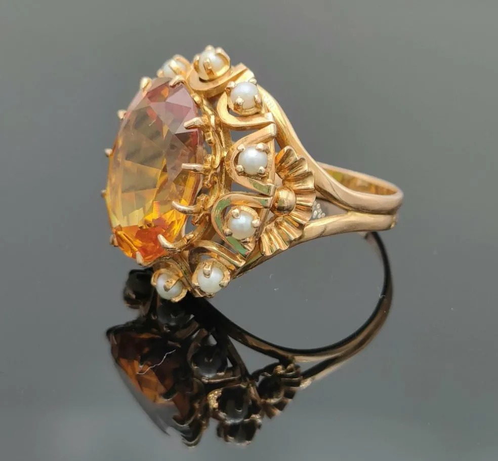 Bague vintage saphir orange perles