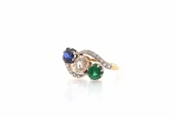 Bague vintage trilogie diamant, saphir et émeraude