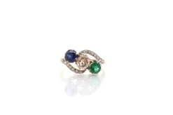Bague vintage trilogie diamant, saphir et émeraude