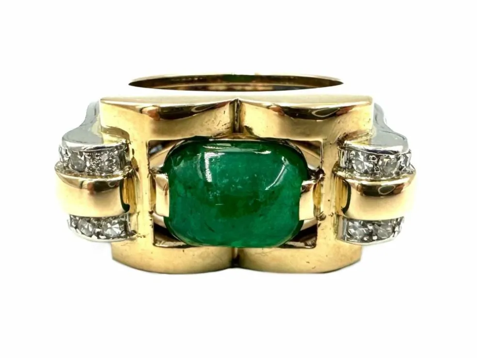 Bague vintage vers 1950 or jaune, émeraude et diamants