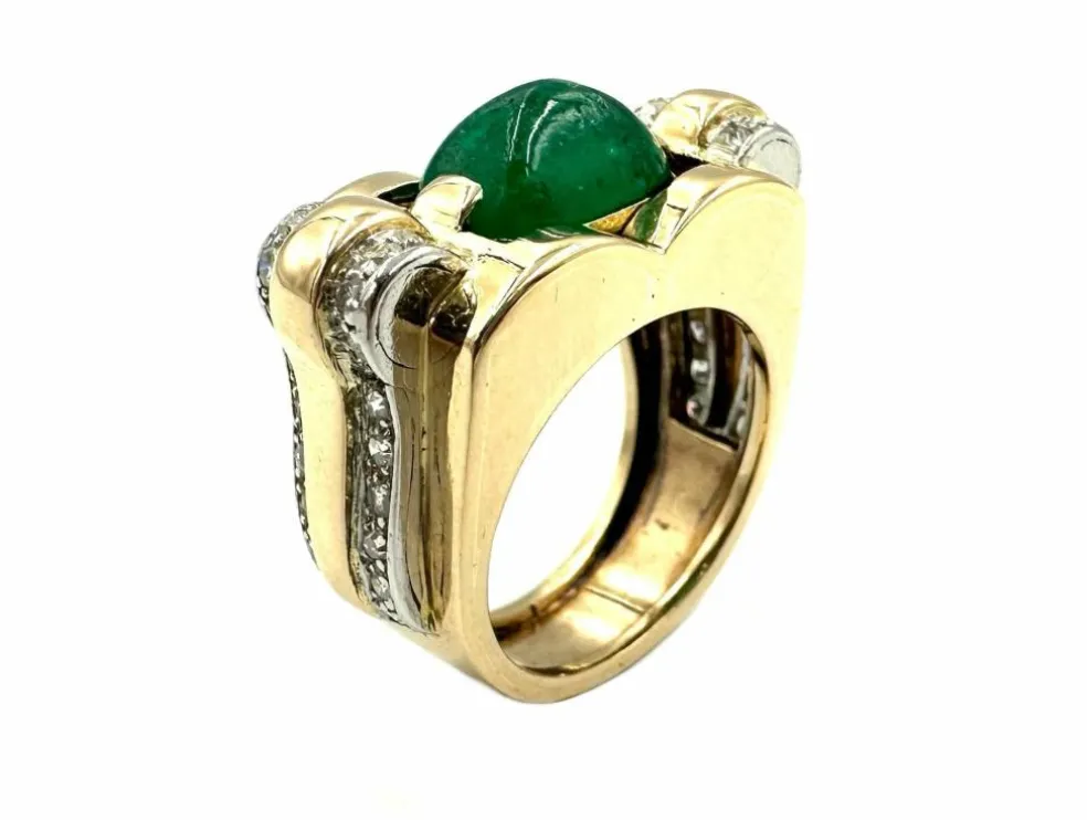 Bague vintage vers 1950 or jaune, émeraude et diamants