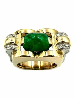 Bague vintage vers 1950 or jaune, émeraude et diamants