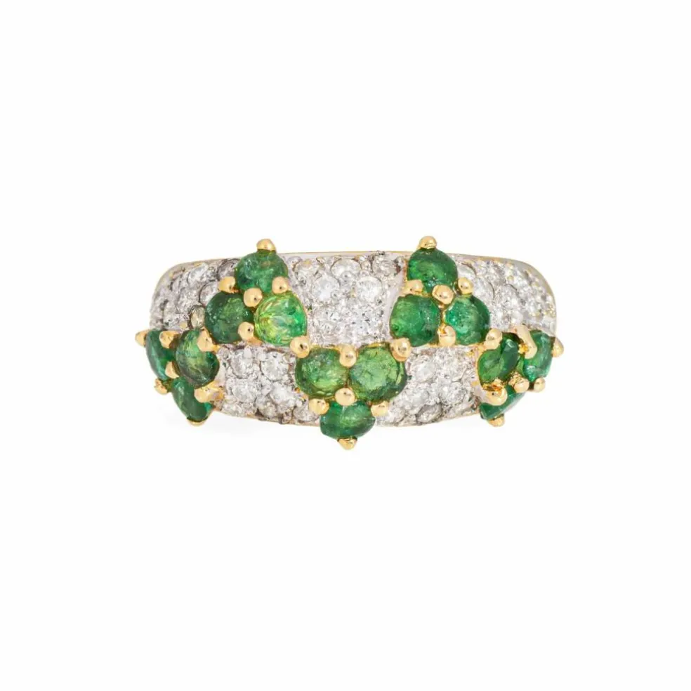 Bague zigzag en or jaune, émeraude et diamants des années 80