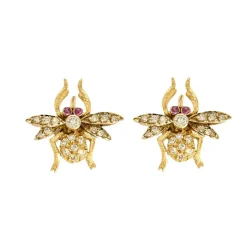 Boucles d'oreilles abeille, or jaune, rubis et diamants