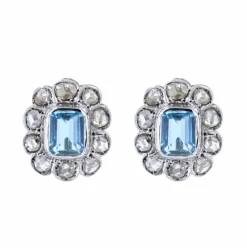 Boucles d'oreilles anciennes marguerites aigue-marines et diamants taillés en rose