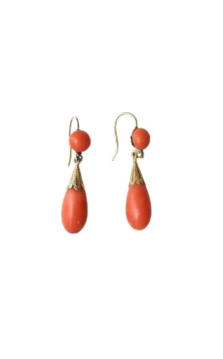 Boucles d'oreilles anciennes or jaune, goutte corail et diamant