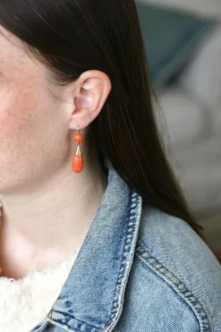 Boucles d'oreilles anciennes or jaune, goutte corail et diamant