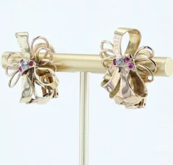 Boucles d'oreilles anciennes vintage nœud or et diamants