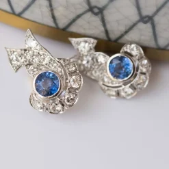Boucles d'oreilles art déco saphir diamants