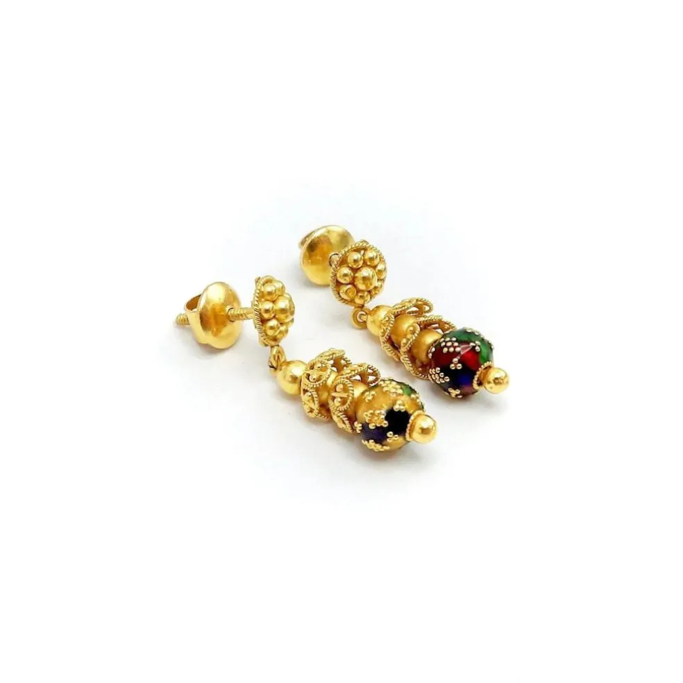 Boucles d'oreilles cannetille indienne dorées avec émail multicolore