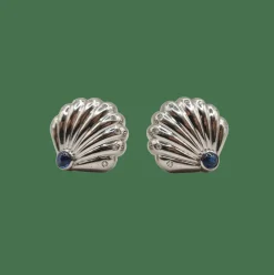 Boucles d’oreilles coquillages or blanc serties de diamants et saphirs