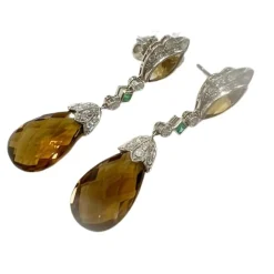 Boucles d'oreilles de style Art Déco en platine sterling avec diamants, émeraude et citrine.