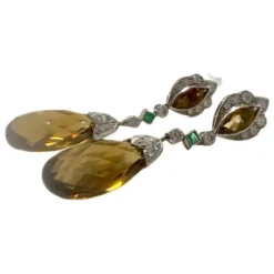 Boucles d'oreilles de style Art Déco en platine sterling avec diamants, émeraude et citrine.