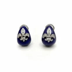 Boucles d'oreilles diamant fleur de lys émail hidalgo or blanc