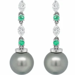 Boucles d'oreilles diamants émeraudes navettes perle