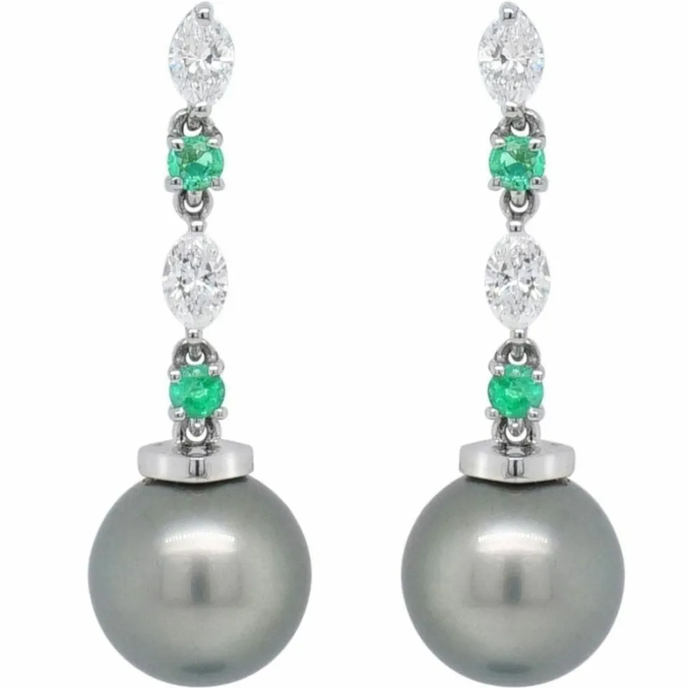 Boucles d'oreilles diamants émeraudes navettes perle