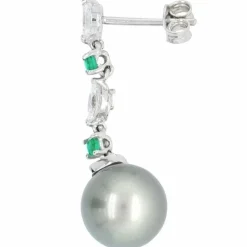 Boucles d'oreilles diamants émeraudes navettes perle