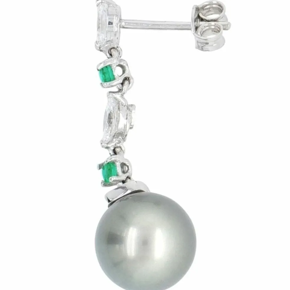 Boucles d'oreilles diamants émeraudes navettes perle