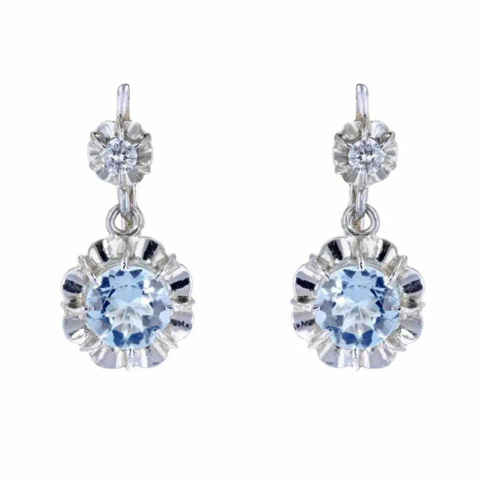 Boucles d'oreilles dormeuses aigues-marines et diamants