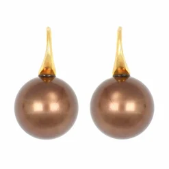 Boucles d'oreilles Dormeuses Perles de Tahiti Chocolat et Or Rose