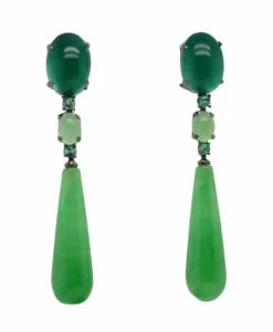 Boucles d'oreilles en agate verte et jade, serties d'émeraudes 32 carats