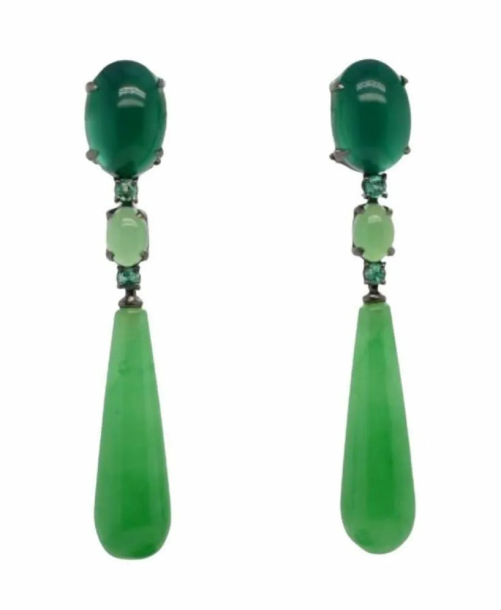 Boucles d'oreilles en agate verte et jade, serties d'émeraudes 32 carats
