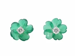 Boucles d'oreilles en or 0,18 carat avec fleur précieuse verte et gros diamants