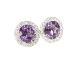 Boucles d'oreilles en or blanc, améthystes rondes et diamants