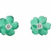 Boucles d'oreilles en or blanc 0,18 carat avec fleur précieuse verte et gros diamants