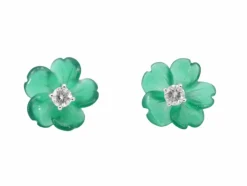 Boucles d'oreilles en or blanc 0,18 carat avec fleur précieuse verte et gros diamants