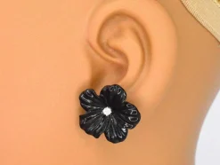 Boucles d'oreilles en or blanc 0,18 carat avec fleur précieuse noire et gros diamants