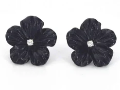 Boucles d'oreilles en or blanc 0,18 carat avec fleur précieuse noire et gros diamants
