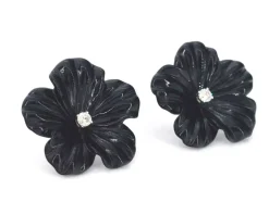 Boucles d'oreilles en or blanc 0,18 carat avec fleur précieuse noire et gros diamants